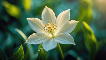 Fototapeta premium Shining white flower surfaces with rich green leaves, presenting the beauty of the natural world.