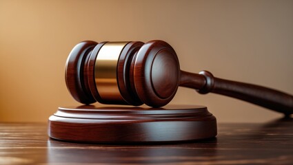 Brown gavel placed on the table with a backdrop