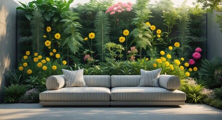 Fototapeta premium Gorgeous vertical garden accompanied by an outdoor sofa for a family lounging space