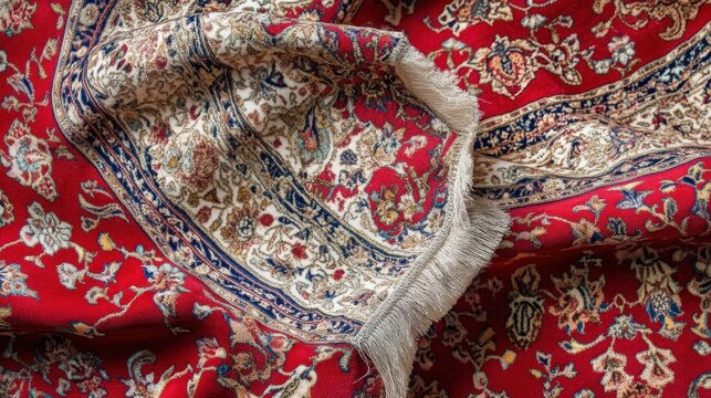 A close up of an ornate red and white carpet