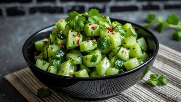 Cucumber salad crushed and adorned with fresh coriander in a black bowl on a concrete table set against a brick wall, close-up, horizontal top view