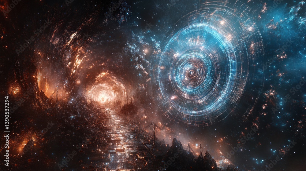 Poster cosmic tunnel with futuristic interface. a pathway through a fiery, star-dusted nebula leads to a gl