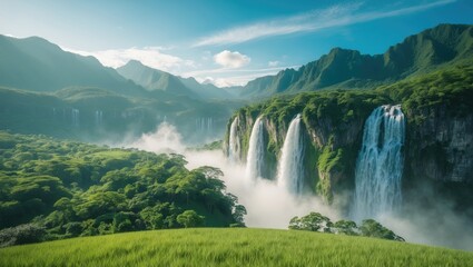 Fototapeta premium Glacial falls on the mountain observed from the trail.