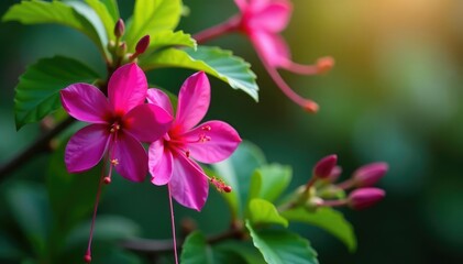 Vibrant fuchsia blossoms, intricate leafy details, summer, print, stylish