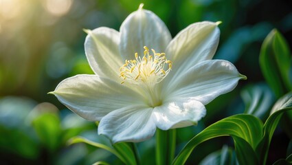Fototapeta premium Luminous white flower unfolds with vivid green leaves, displaying the beauty of nature.