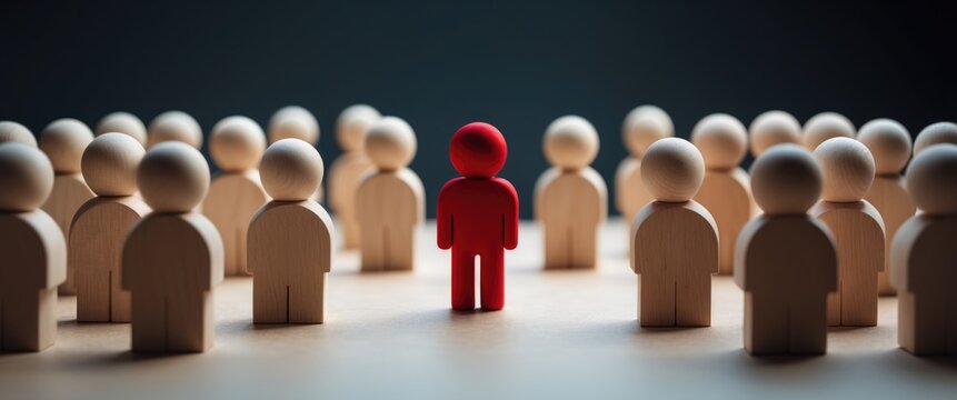 Loneliness, workplace harassment, and bullying idea. Wooden dolls arranged on a desk.
