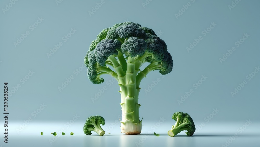 Poster Isolated asparagus cabbage on a colorful background, broccoli sprig displayed.