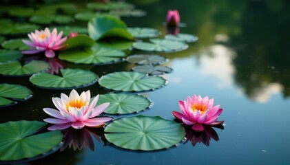 Water lilies create a floral pattern across a still lake, texture, pink, pond