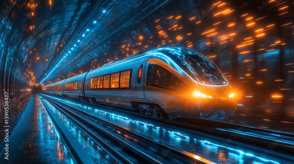 Aufkleber A sleek autonomous train operates within a high tech illuminated tunnel, showcasing the future of logistics and transportation powered by smart control systems and automation technologies.