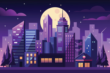 A striking urban skyline stands against a vivid night sky, with a large full moon casting light on modern high-rises and silhouetted trees, creating a captivating atmosphere.