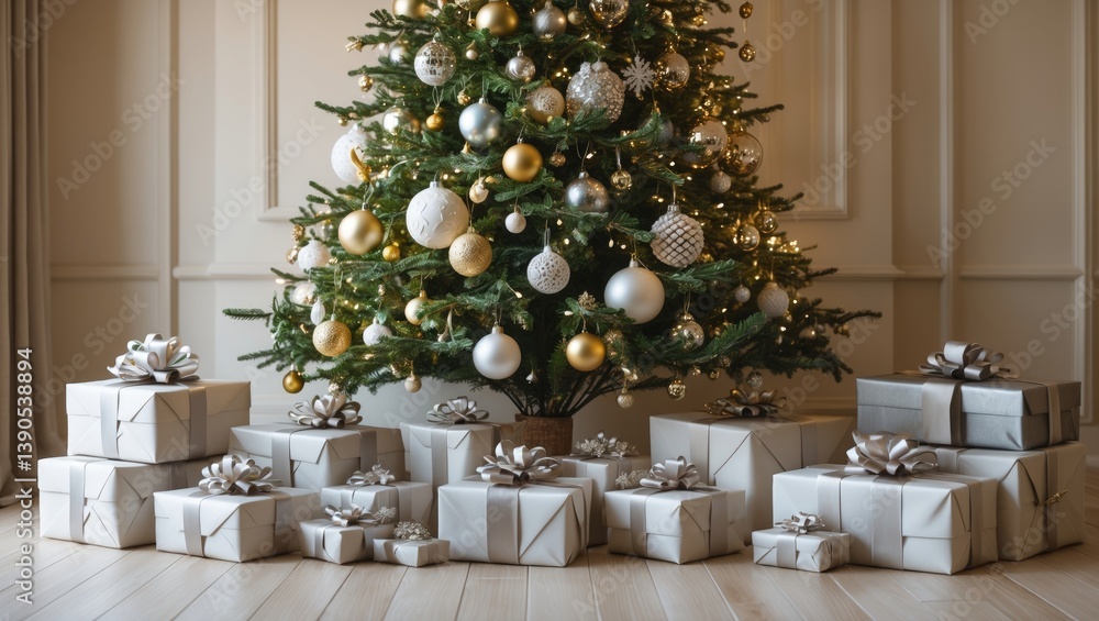 Aufkleber surrounded by an array of neatly wrapped presents, a christmas tree decorated with ornaments stands 