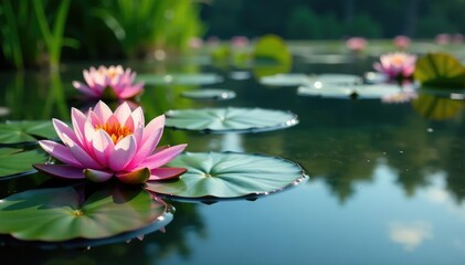 Water lilies create a floral pattern across a still lake, leaves, blossom