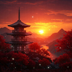 Obraz premium Majestic Japanese Pagoda at Crimson Sunset: Serene Landscape with Red Maple Trees and Golden River - Fantasy Asian Architecture for Travel and Culture Inspiration
