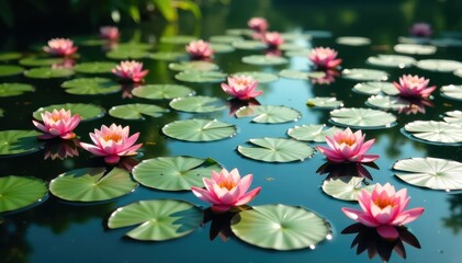 Water lilies form a repeating pattern across a still lake, plant, calm