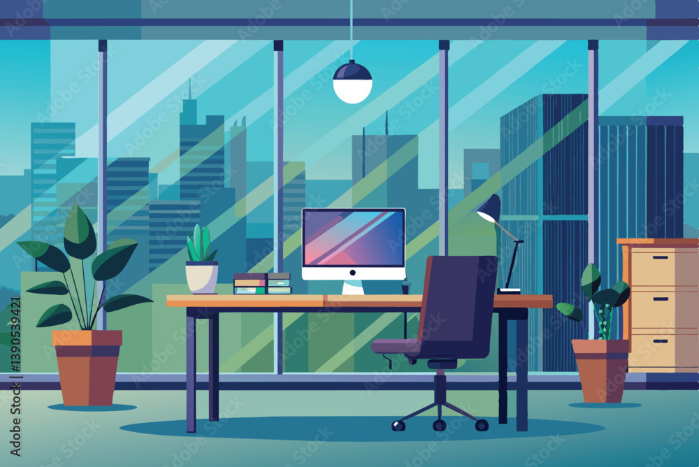 Poster a well-designed office space with a sleek computer setup sits on a wooden desk, complemented by gree