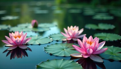 Water lilies & lotus blossoms form a serene floral pattern on a calm lake surface , reflection, texture