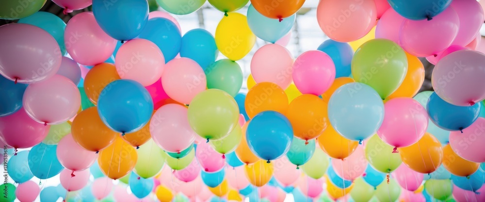 Poster lively assortment of colorful balloons. blurred background effect.