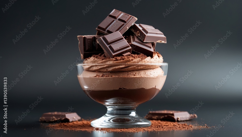 Poster fragmented black chocolate bar inside a glass alongside cocoa powder. chocolate displayed on a dark 
