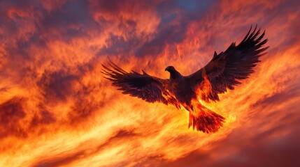 A soaring bird ablaze within the vibrant orange and red sky