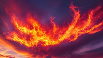 Glowing fiery clouds against a vibrant and colorful evening sky
