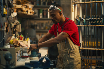 African American man working with polishing machine in workshop