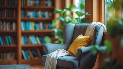 Dreamy background of a warm reading area highlighted by a wooden bookshelf overflowing with books, a friendly armchair, and lush foliage, promoting a calm atmosphere for relaxation.