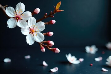 White sakura flowers, scattered petals on dark background , black, texture, floral
