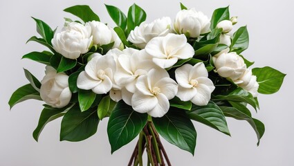 Fototapeta premium Full bloom gardenia flower bouquet with green leaves on white backdrop