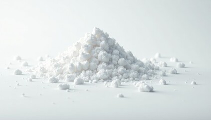 White sugar crystals scattered on white surface, reflective, minimal