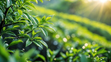 Close-up of green tea plants in the morning nature.