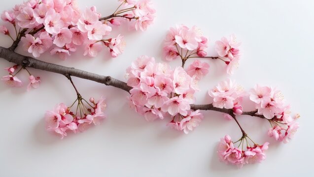 Sakura branch with vibrant pink flowers. Isolated on a white surface.