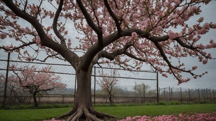 Urban scene with blooming pink-flowered tree near buildings and protective netting on a cloudy day — contrast of nature and city, spring atmosphere, moody sky and textures