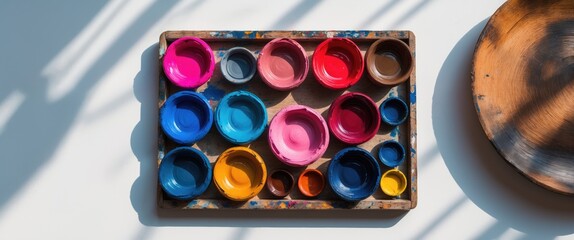 Cutout close-up of an art studio class painting palette on a plain white background