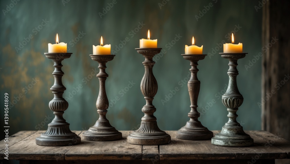 Poster illuminated candles in old-fashioned candlesticks on a dim background