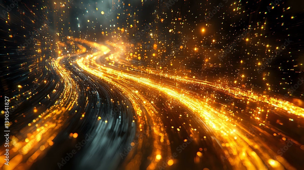 Aufkleber glowing golden light trails curve through dark space with sparkling particles creating dynamic motio