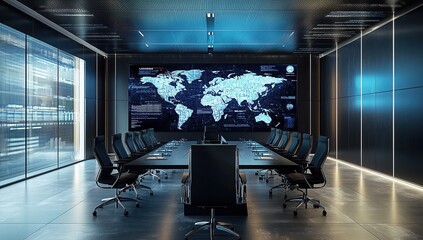 Modern digital boardroom with large LED screens displaying global maps and charts,