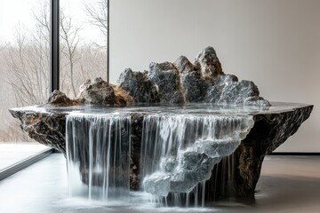 Majestic waterfall cascading over rocky terrain in a tranquil natural setting, a waterfall in nature