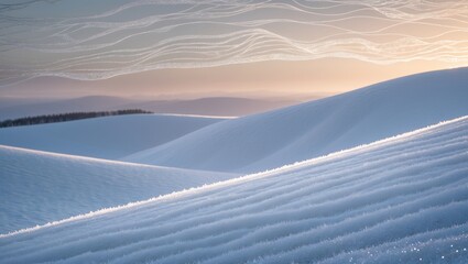 Layer of frozen snow on a sloped field with soft sidelighting during sunset.