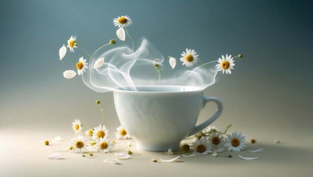 White cup with chamomile flowers on a blue backdrop. Chamomiles appear as if steaming from the cup. Chamomile tea idea. Flat lay, top view.