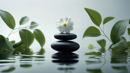 White flower and spa stones in water setting