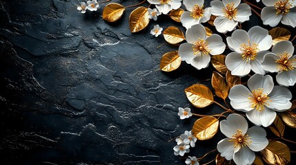 White flowers with golden leaves arranged on dark textured stone background, creating elegant floral corner composition with dramatic lighting and contrast.