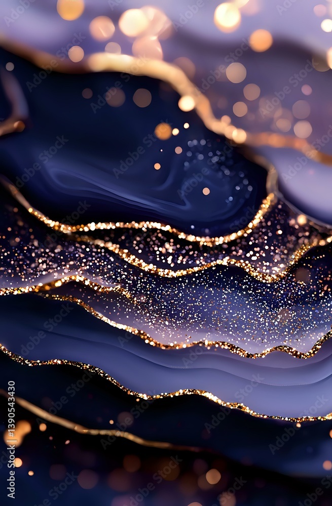 Poster abstract navy blue waves with golden glitter edges and bokeh effects create luxurious layered patter