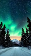 Fototapeta premium Magical northern lights dance over snowy mountain landscape with evergreen forest silhouettes and starry night sky, illuminating winter road in ethereal green glow.