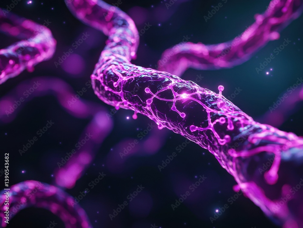 Poster abstract visualization of interconnected, glowing purple strands in a dark background, suggesting a 