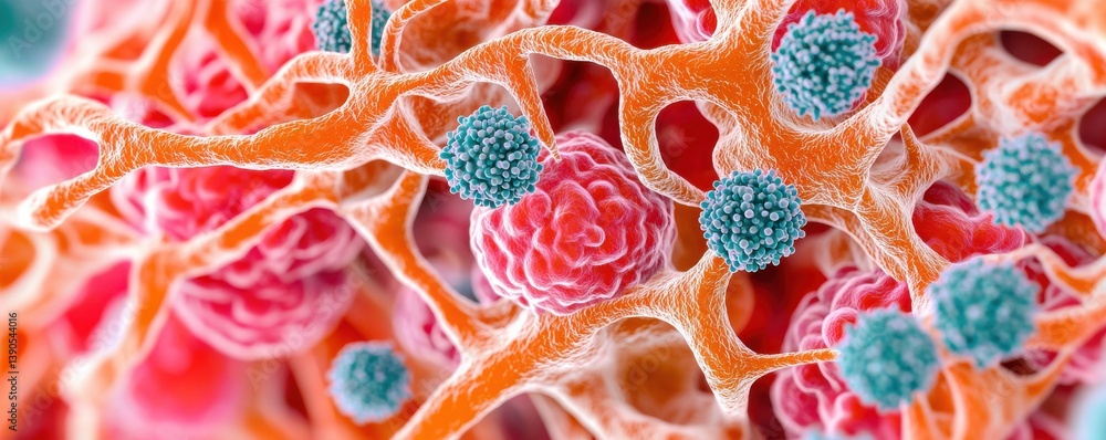 Poster a vibrant, microscopic view of cells and structures, showcasing intricate patterns and colors, highl
