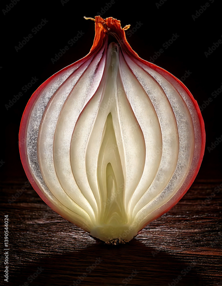 Poster stunning closeup of a halved red onion, revealing its intricate layered structure. backlit for drama