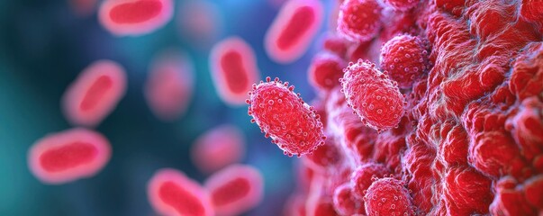A vivid illustration of microscopic bacteria, showcasing red shapes against a blurred blue backdrop, highlighting the complexity of microbial life.