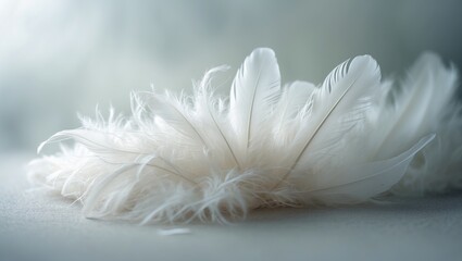 Feathers in white fluff against a pale teal blue backdrop - soft focus