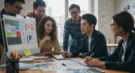 A diverse team collaborates on a vibrant data visualization project, immersed in lively discussion and focused problem-solving, showcasing sharp graphics and a bright workspace.