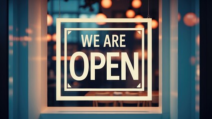 WE ARE OPEN sign displayed through the store window glass. Enhanced image.